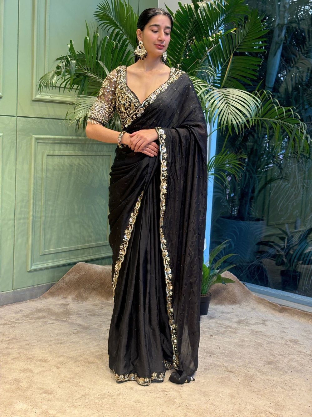Women's Elegant Black Georgette/Chiffon Saree with Intricate Gold & Silver Embellished Border – Paired with Heavy Sequin & Zari Work Blouse for Festive & Wedding Wear