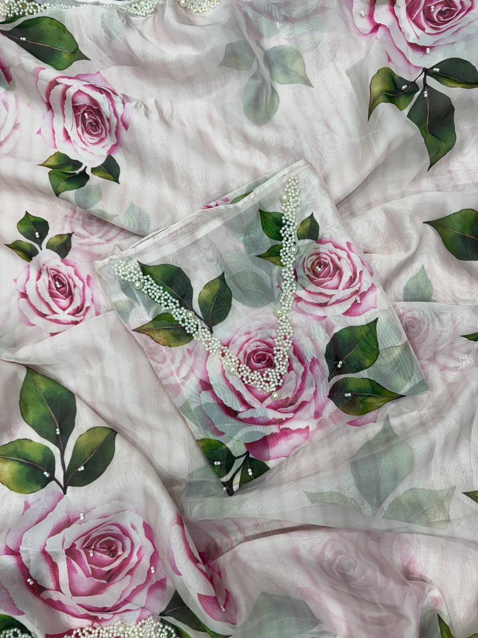 Women's Elegant White Organza Saree with Hand-Painted Pink Rose Floral Print β Complete with Matching Blouse for Day & Festive Wear - Image 5