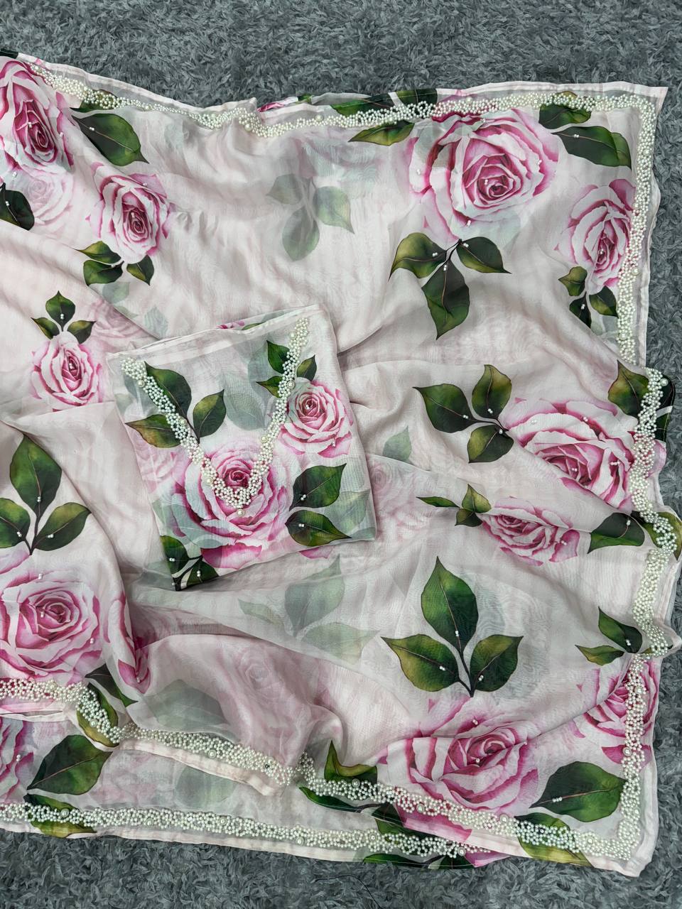Women's Elegant White Organza Saree with Hand-Painted Pink Rose Floral Print β Complete with Matching Blouse for Day & Festive Wear - Image 4