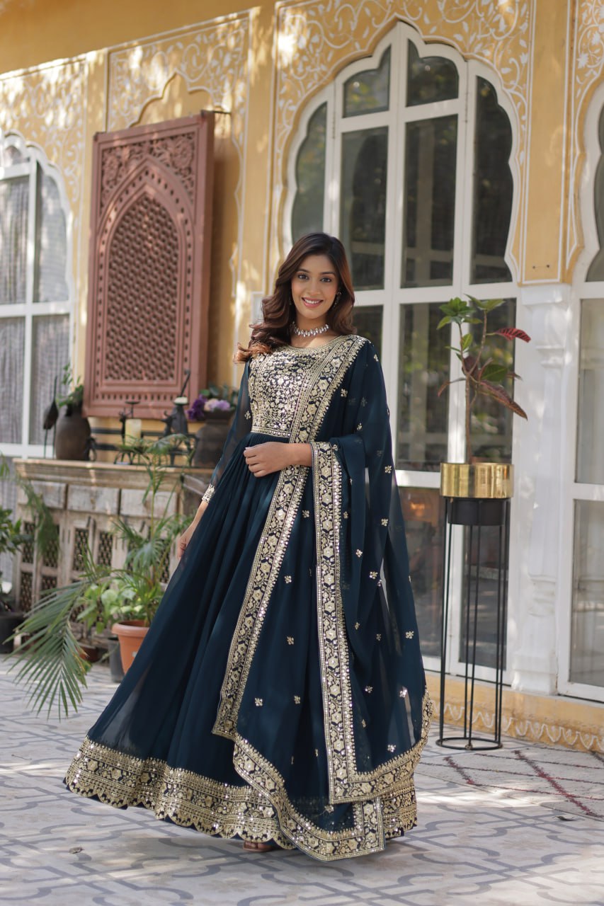 Women's Cotton Embroidered Anarkali Gown with Dupatta - Image 3