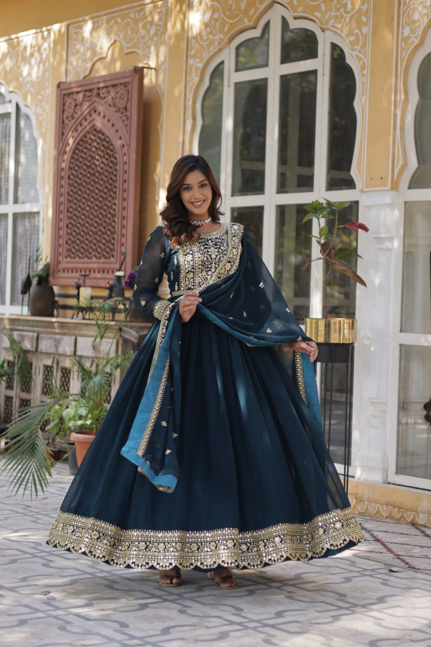 Women's Cotton Embroidered Anarkali Gown with Dupatta - Image 7
