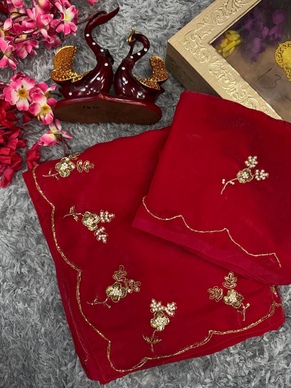 Women's Radiant Red Pure Organza Saree with Intricate Gold Zari, Sequin & Pearl Work - Ideal for Festive & Wedding Occasions - Image 8