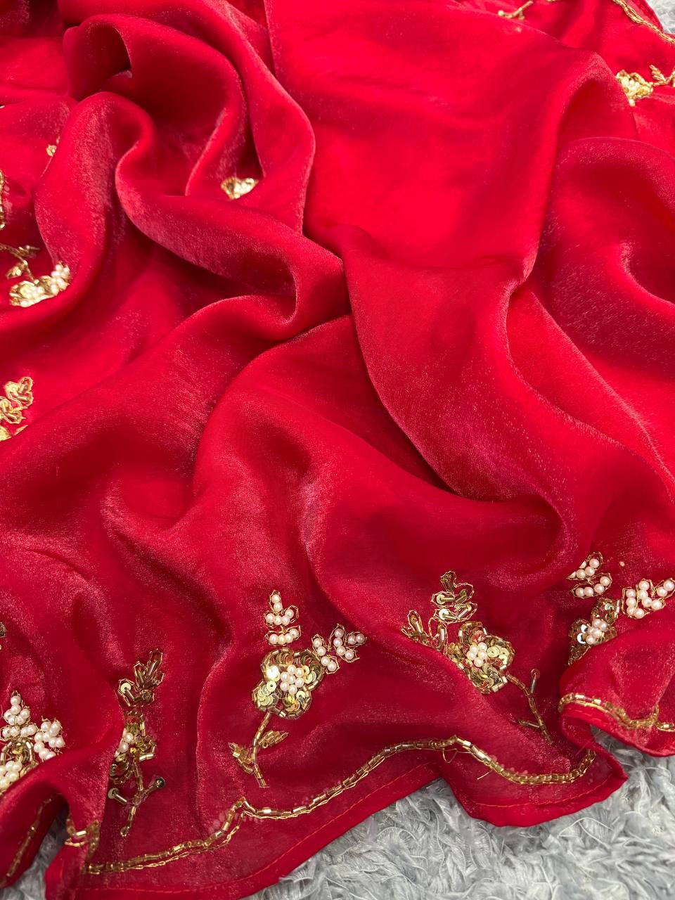Women's Radiant Red Pure Organza Saree with Intricate Gold Zari, Sequin & Pearl Work - Ideal for Festive & Wedding Occasions - Image 5