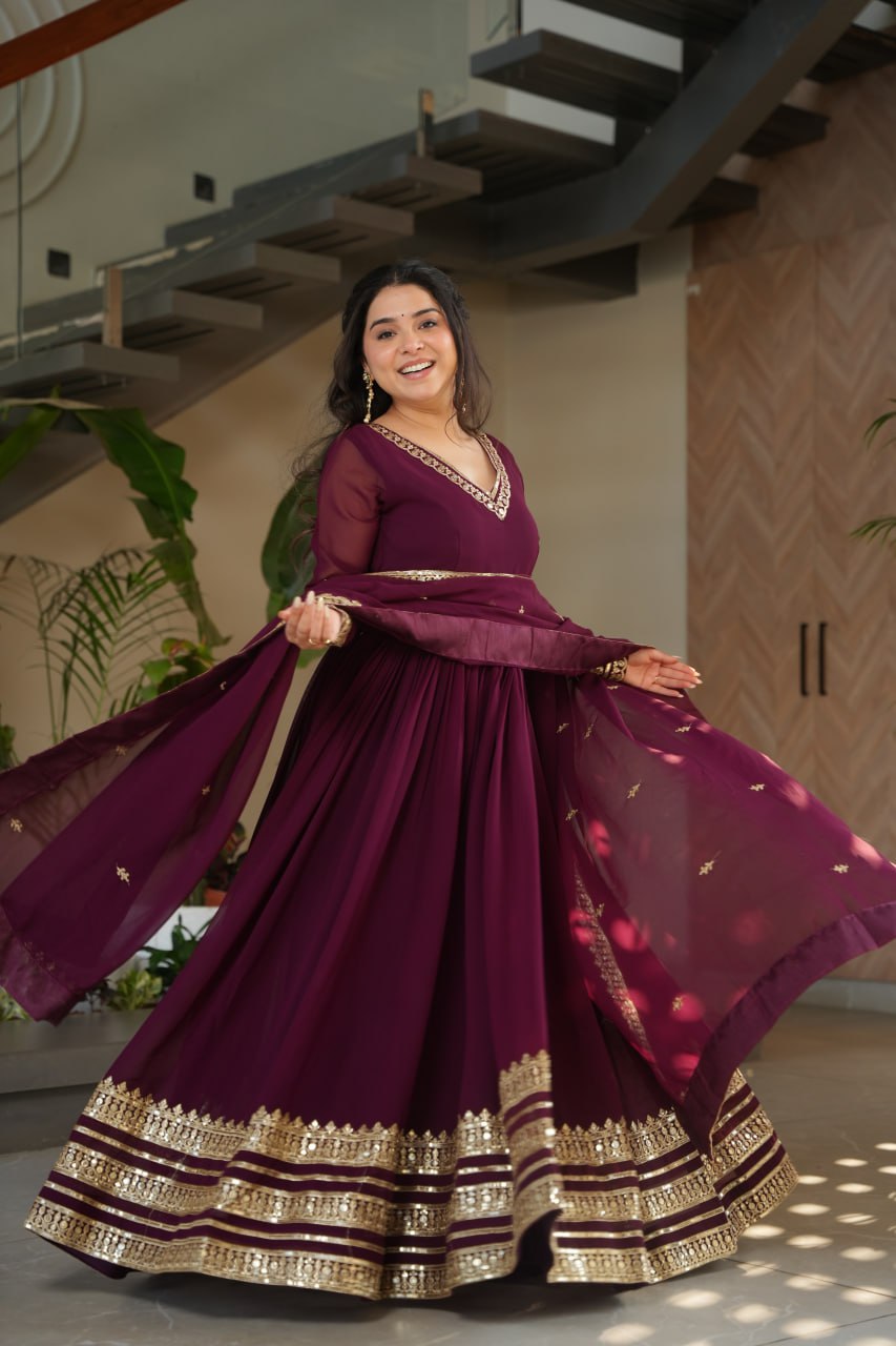 Women's Cotton Embroidered Anarkali Gown with Dupatta β Maroon Festive Wear Set - Image 3