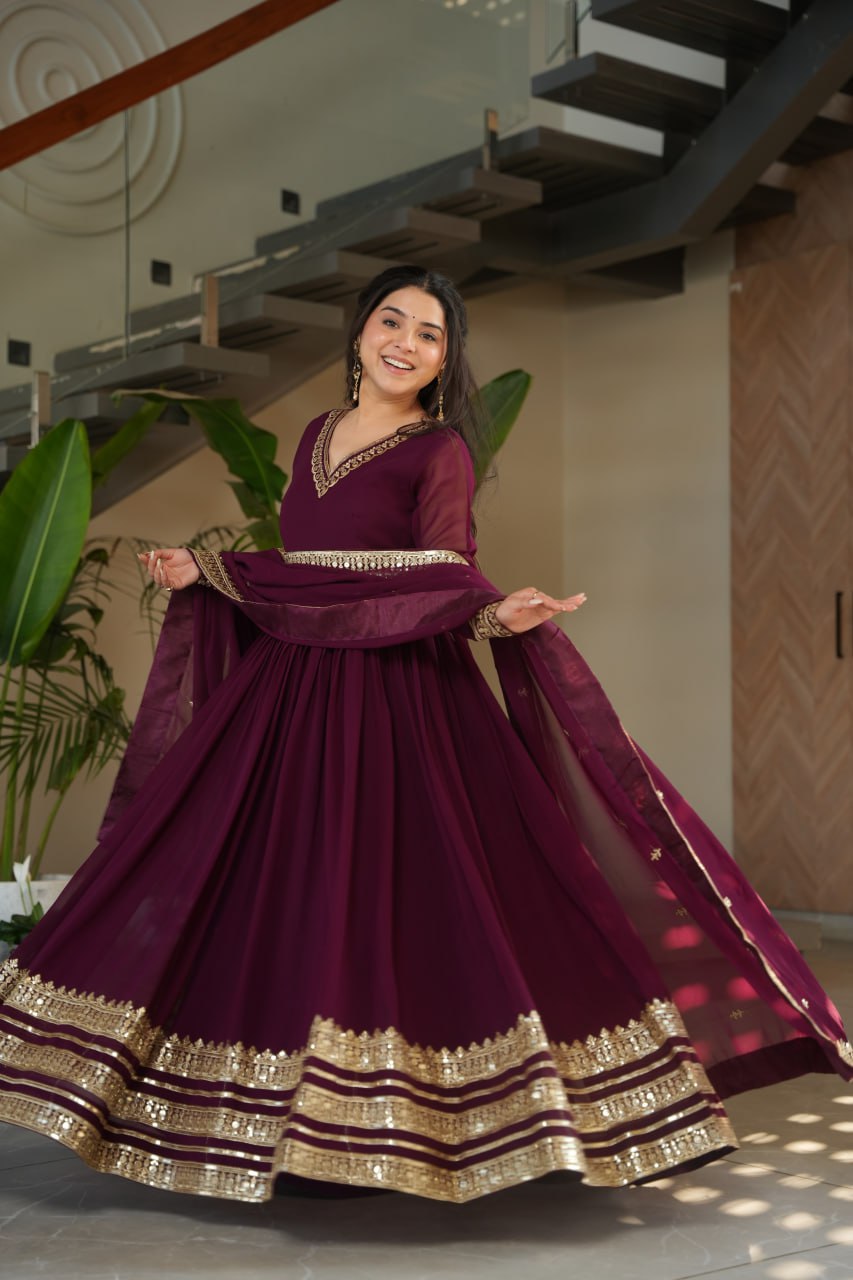 Women's Cotton Embroidered Anarkali Gown with Dupatta β Maroon Festive Wear Set - Image 4