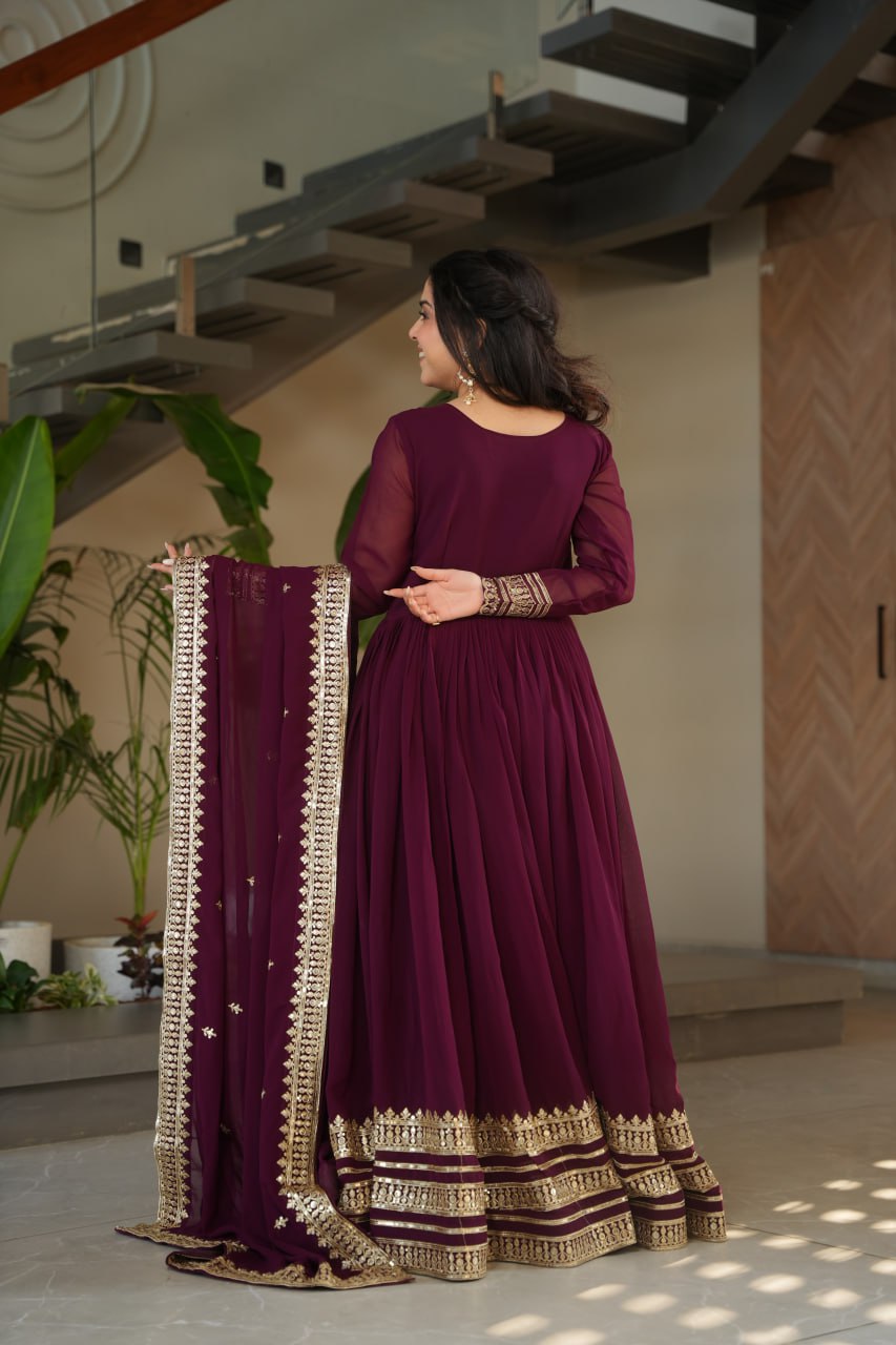 Women's Cotton Embroidered Anarkali Gown with Dupatta β Maroon Festive Wear Set - Image 6