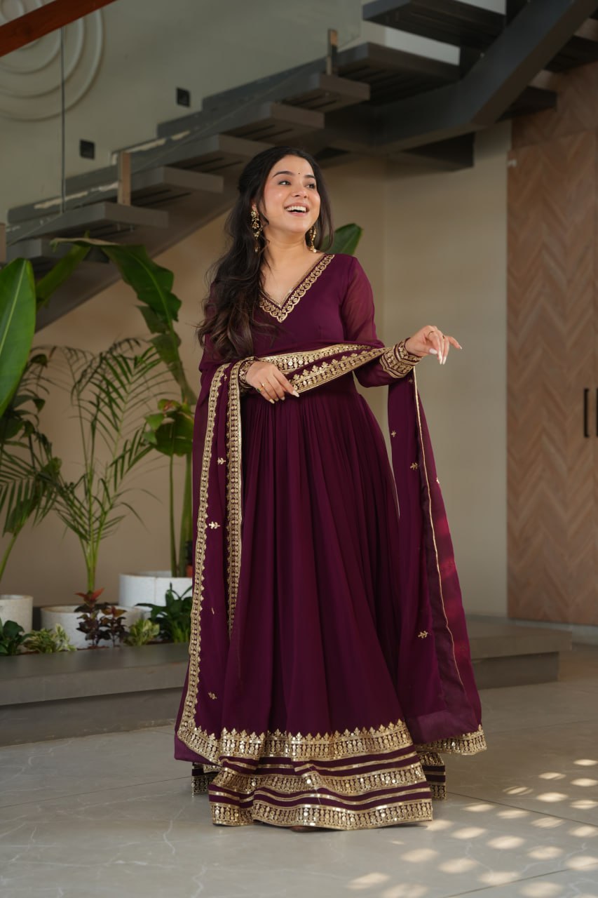 Women's Cotton Embroidered Anarkali Gown with Dupatta β Maroon Festive Wear Set - Image 7