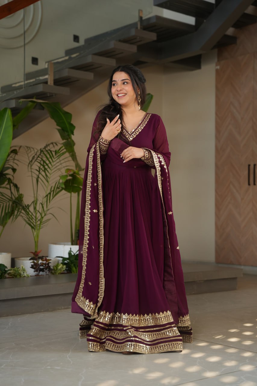Women's Cotton Embroidered Anarkali Gown with Dupatta β Maroon Festive Wear Set - Image 8