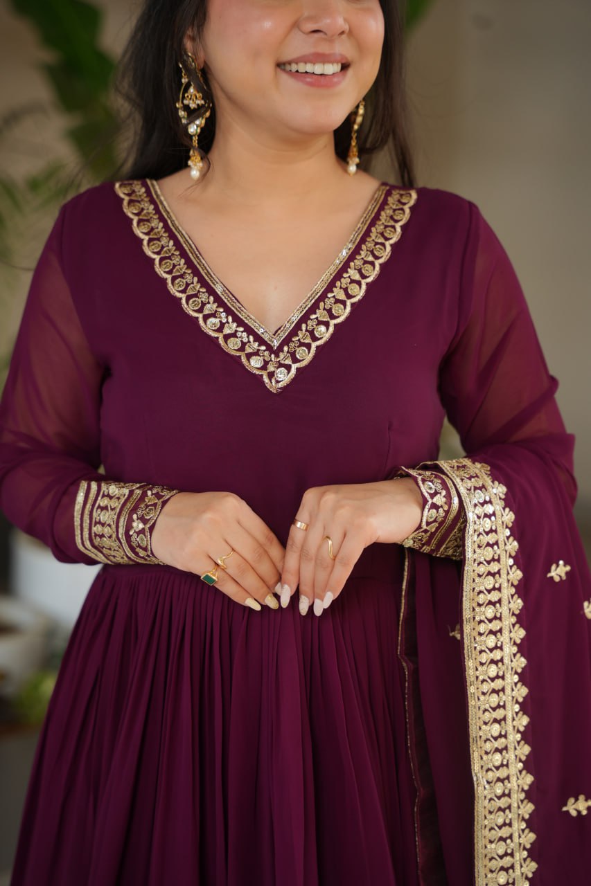 Women's Cotton Embroidered Anarkali Gown with Dupatta β Maroon Festive Wear Set - Image 10