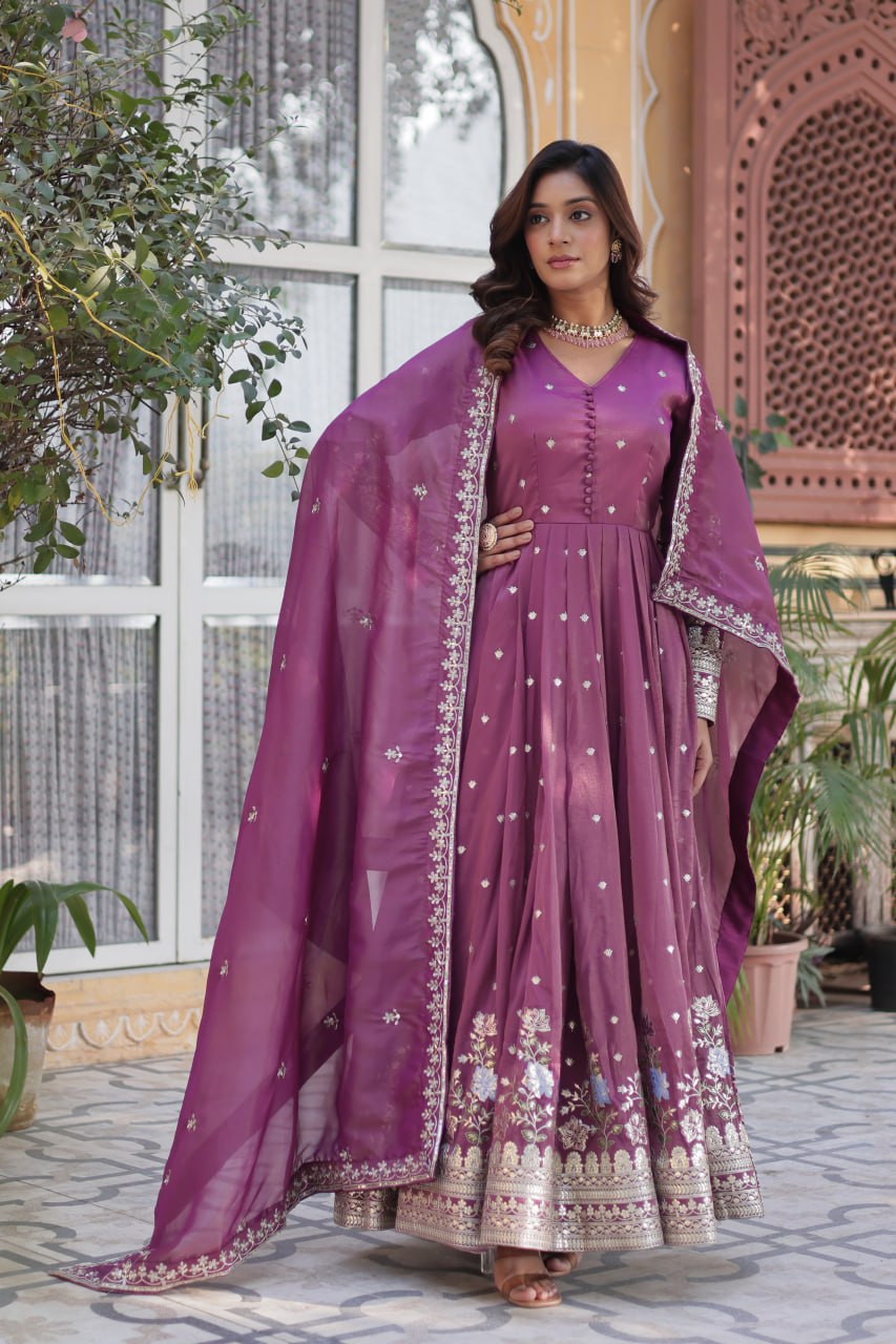 Women's Cotton Embroidered Anarkali Gown With Dupatta Set β Festive Wear - Image 2
