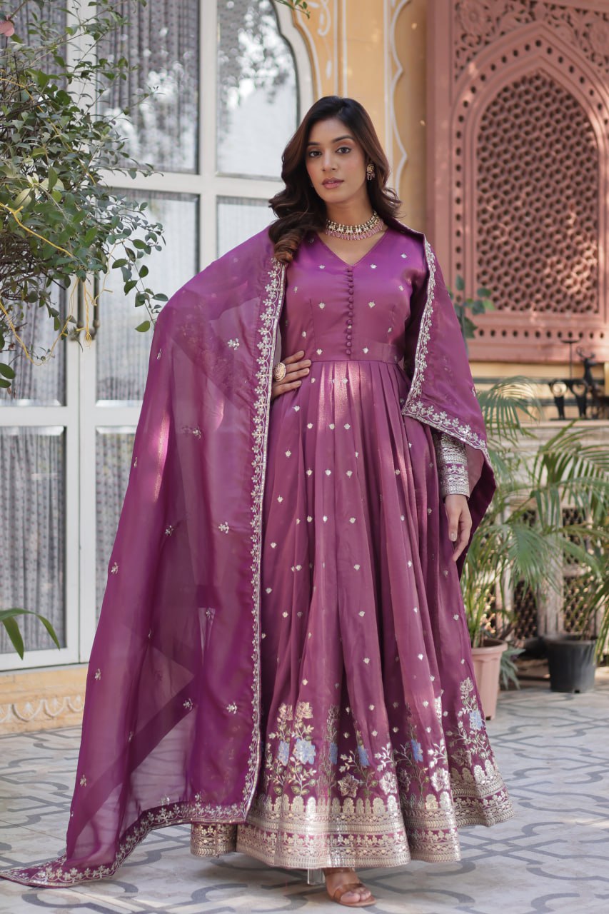 Women's Cotton Embroidered Anarkali Gown With Dupatta Set β Festive Wear - Image 3