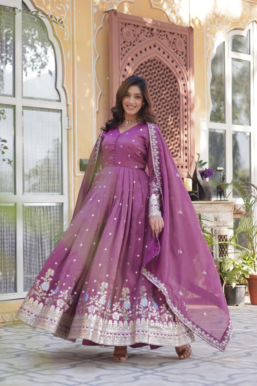 Women's Cotton Embroidered Anarkali Gown With Dupatta Set β Festive Wear - Image 9