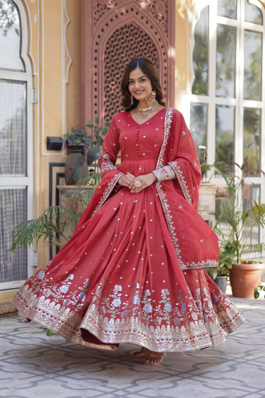 Women's Cotton Embroidered Anarkali Gown With Dupatta Set β Festive Wear - Image 14