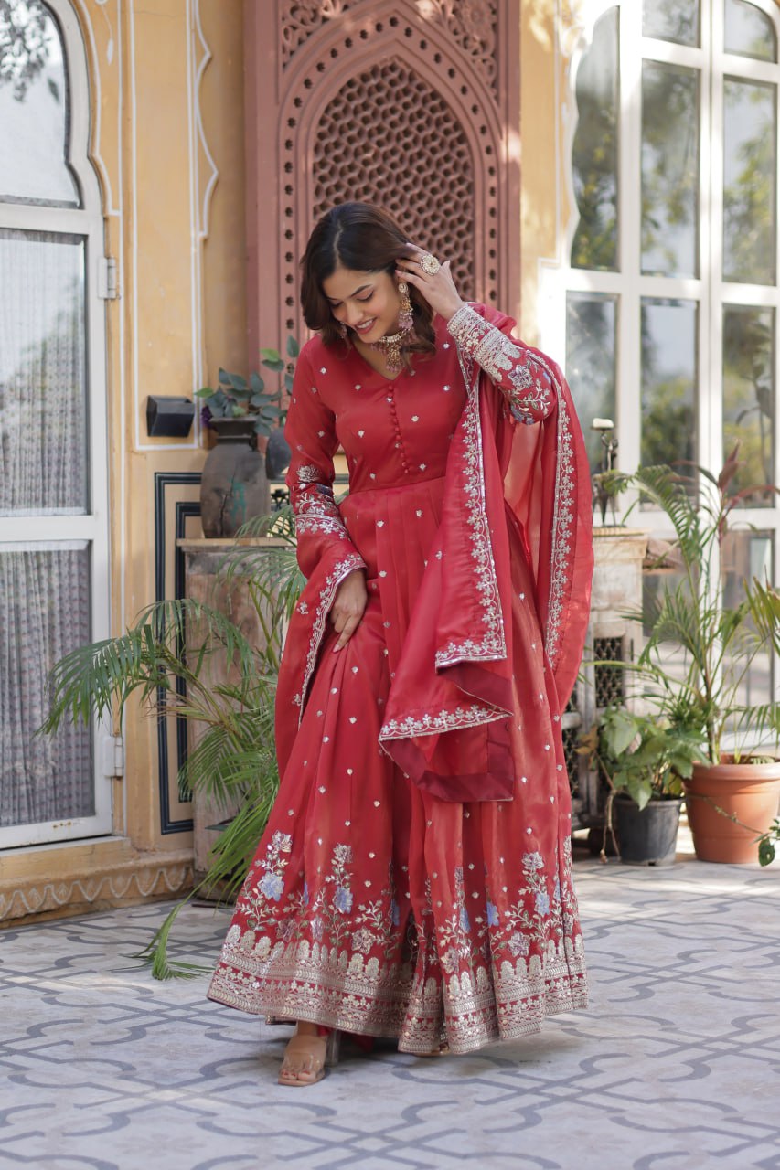Women's Cotton Embroidered Anarkali Gown With Dupatta Set β Festive Wear - Image 16