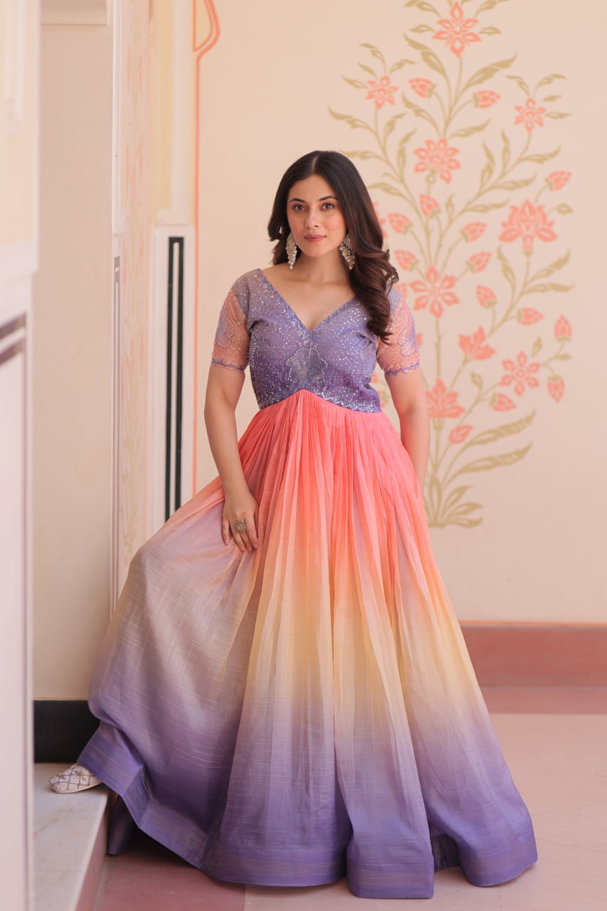Women's Cotton Ombre Anarkali Gown Dress with Sequin Embroidered Net Sleeves - Image 2