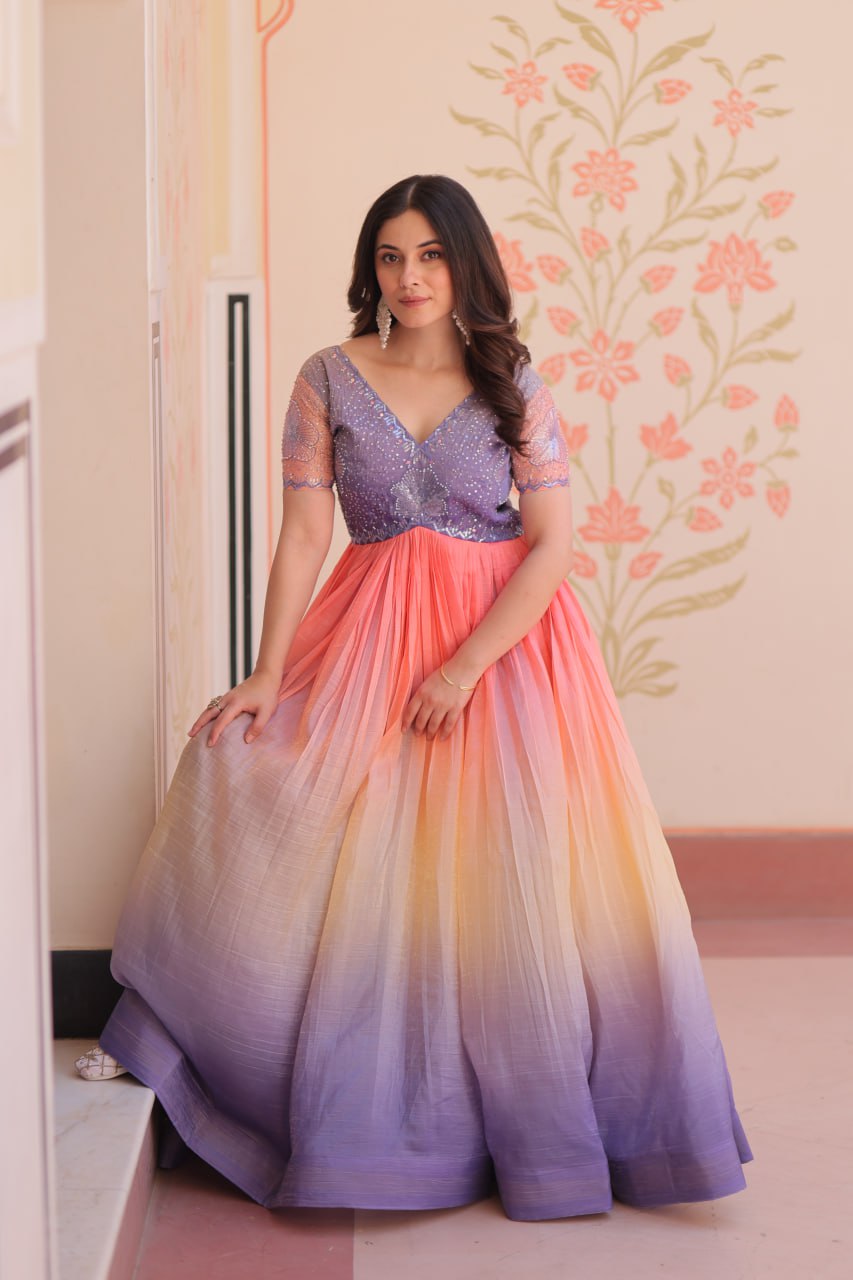 Women's Cotton Ombre Anarkali Gown Dress with Sequin Embroidered Net Sleeves - Image 6