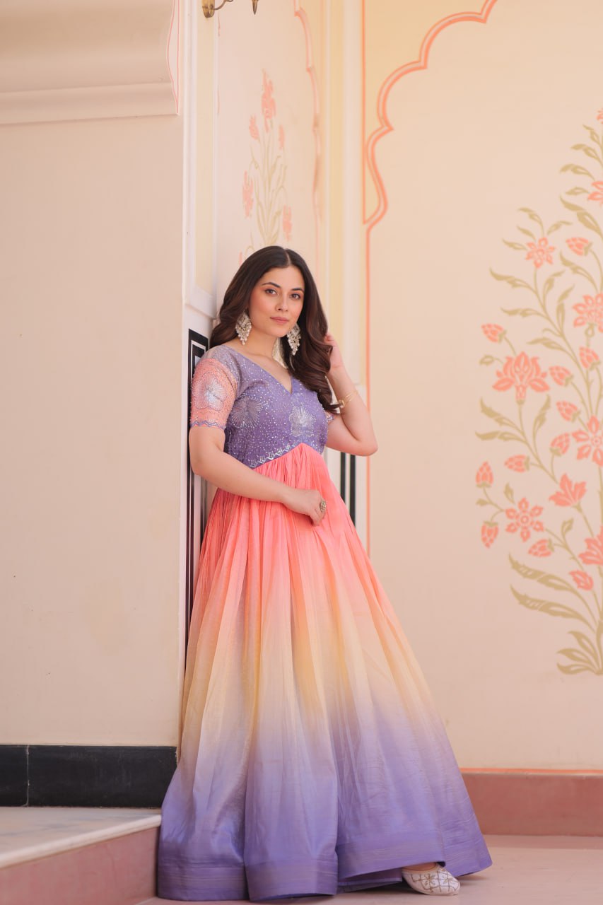 Women's Cotton Ombre Anarkali Gown Dress with Sequin Embroidered Net Sleeves - Image 8