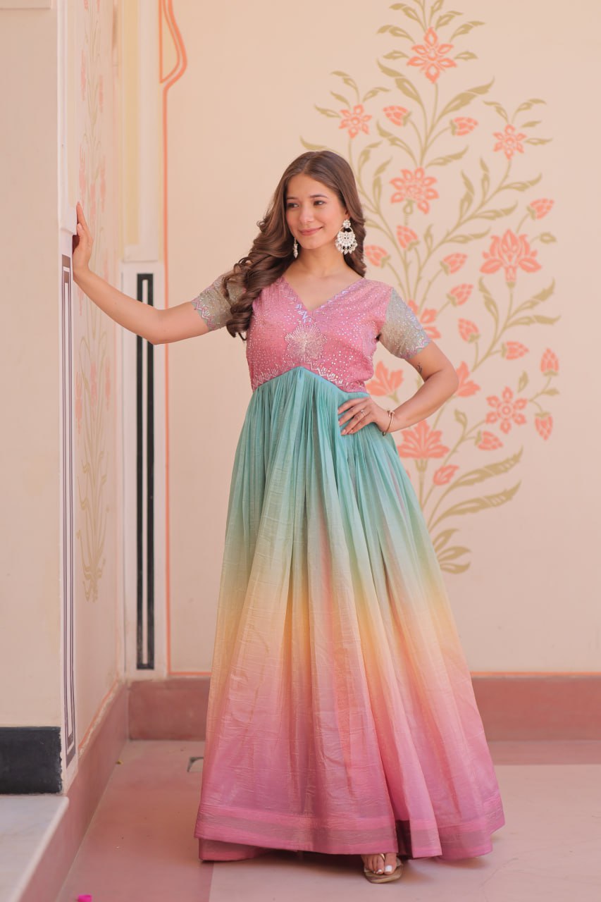 Women's Cotton Ombre Anarkali Gown Dress with Sequin Embroidered Net Sleeves - Image 13