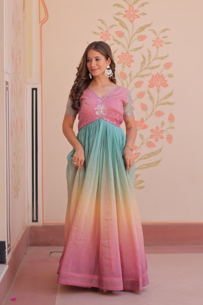 Women's Cotton Ombre Anarkali Gown Dress with Sequin Embroidered Net Sleeves - Image 15
