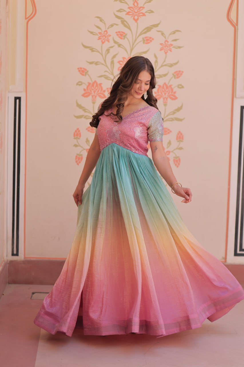Women's Cotton Ombre Anarkali Gown Dress with Sequin Embroidered Net Sleeves - Image 17