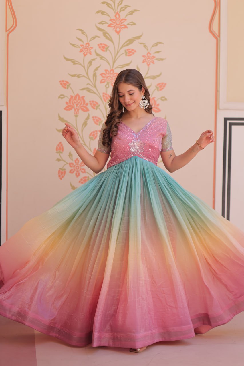 Women's Cotton Ombre Anarkali Gown Dress with Sequin Embroidered Net Sleeves - Image 18