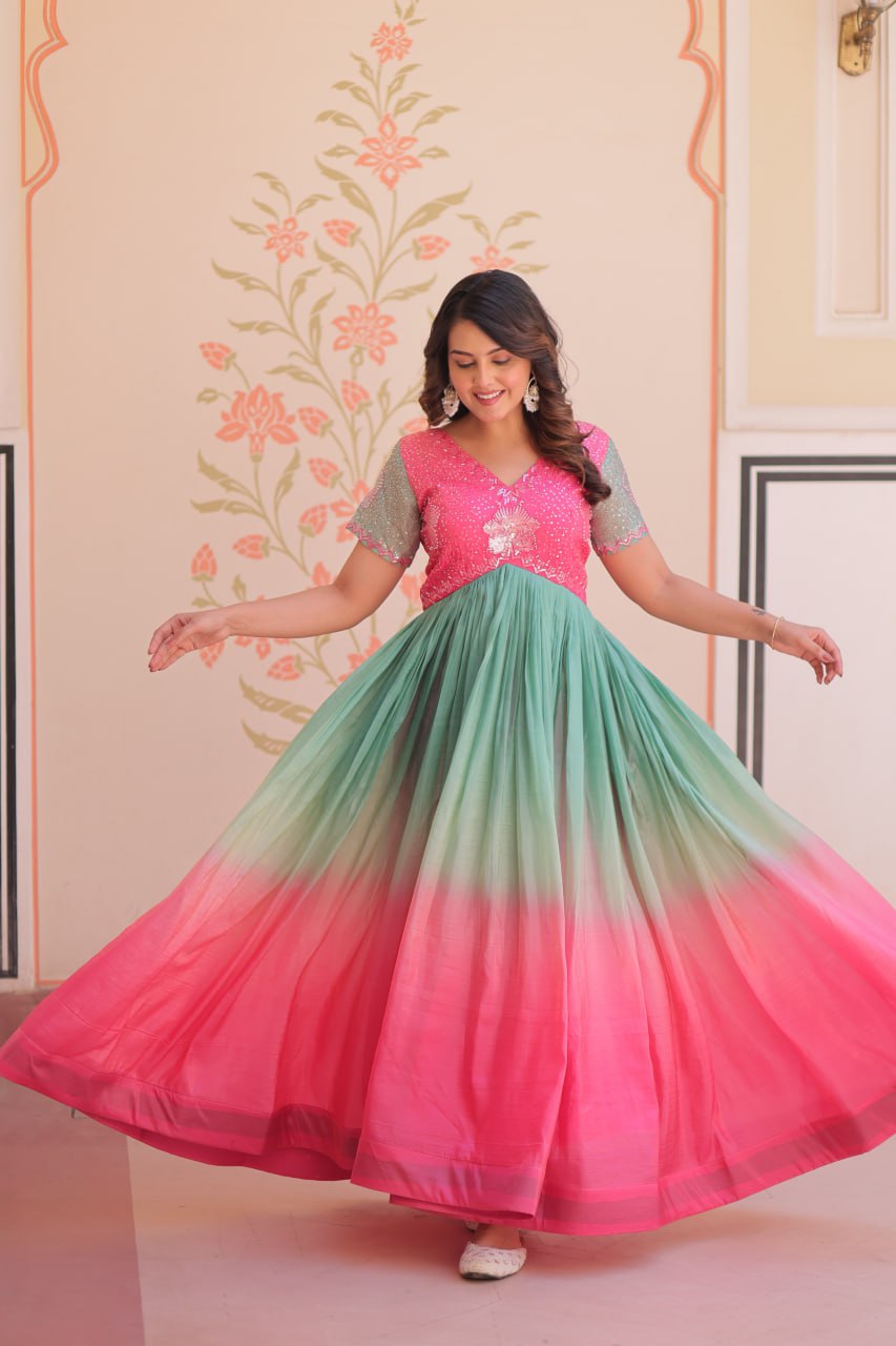 Women's Cotton Ombre Anarkali Gown Dress with Sequin Embroidered Net Sleeves - Image 22