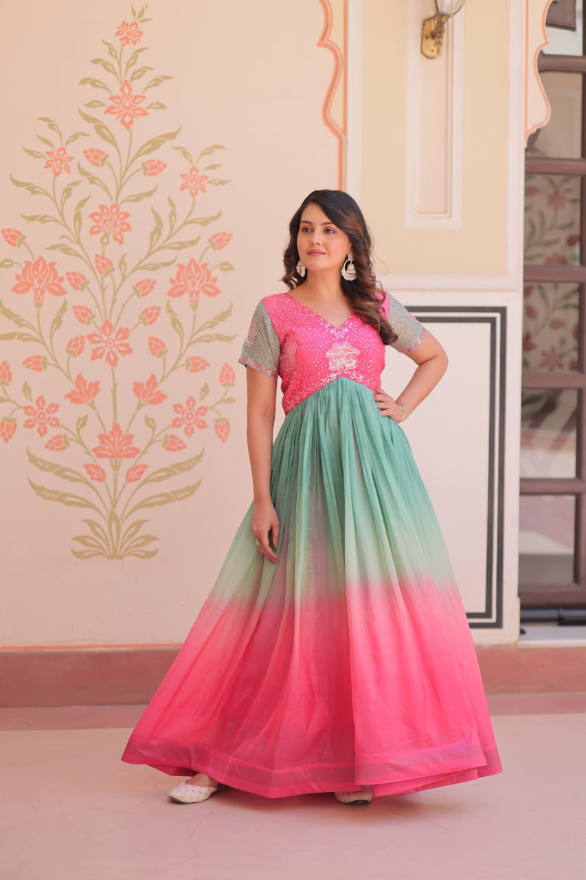 Women's Cotton Ombre Anarkali Gown Dress with Sequin Embroidered Net Sleeves - Image 26
