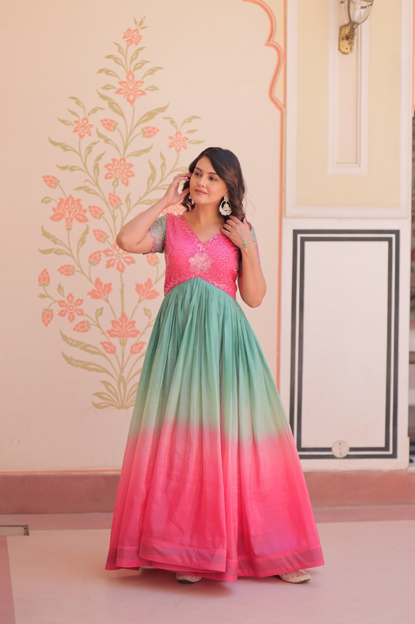 Women's Cotton Ombre Anarkali Gown Dress with Sequin Embroidered Net Sleeves - Image 27
