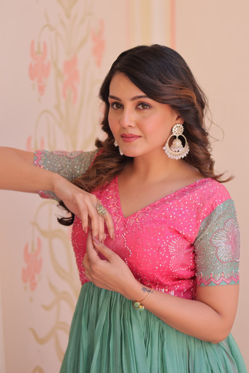 Women's Cotton Ombre Anarkali Gown Dress with Sequin Embroidered Net Sleeves - Image 31