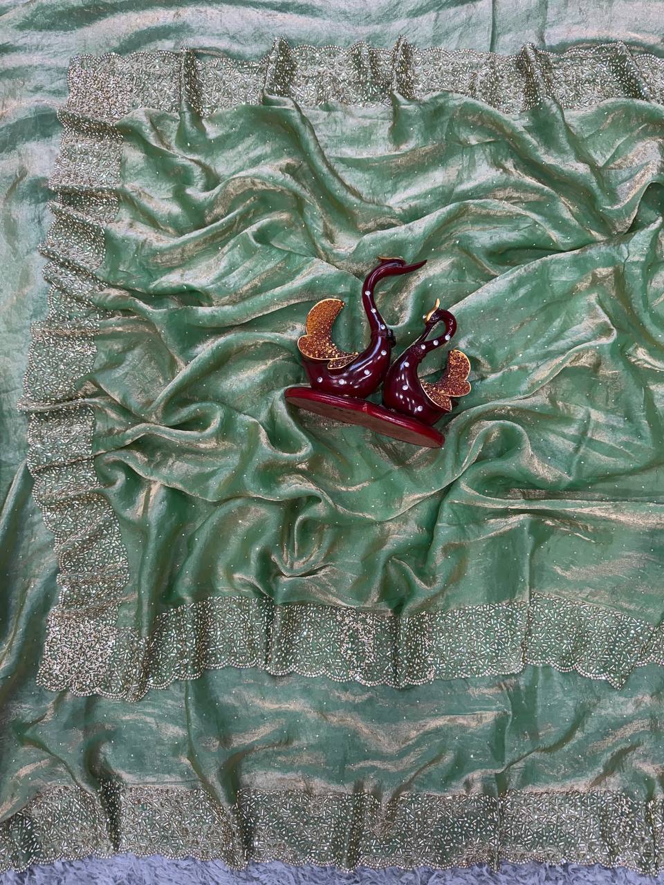 Women's Shimmering Ice Blue Georgette Saree with All-Over Diamond & Sequin Embellishments β Complete with Heavily Worked Border for Festive & Wedding Wear - Image 3