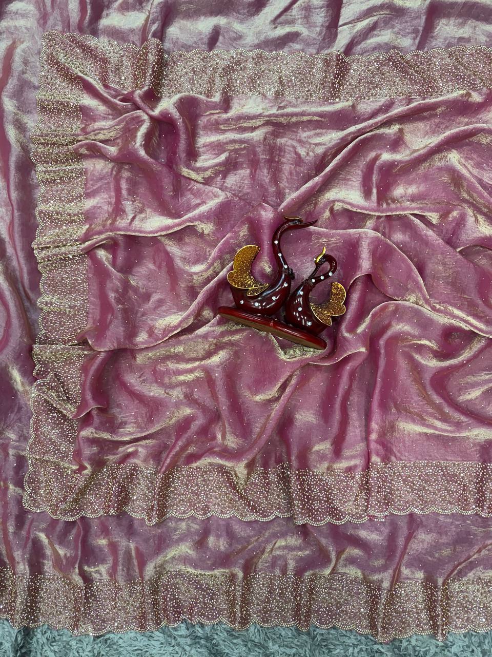 Women's Shimmering Ice Blue Georgette Saree with All-Over Diamond & Sequin Embellishments β Complete with Heavily Worked Border for Festive & Wedding Wear