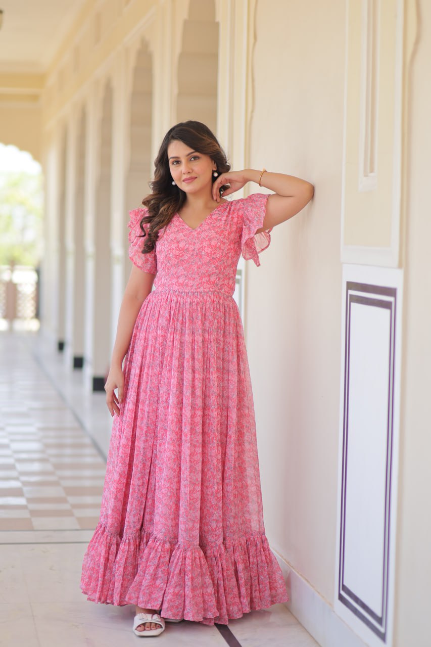 Women's Cotton Floral Printed Ruffle Anarkali Gown Dress (Pink) - Image 6