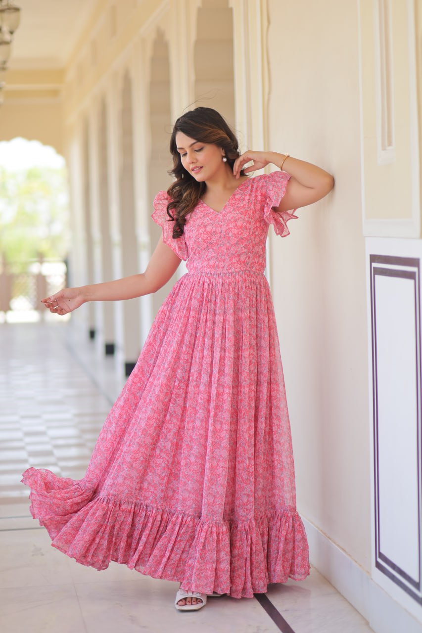 Women's Cotton Floral Printed Ruffle Anarkali Gown Dress (Pink) - Image 7