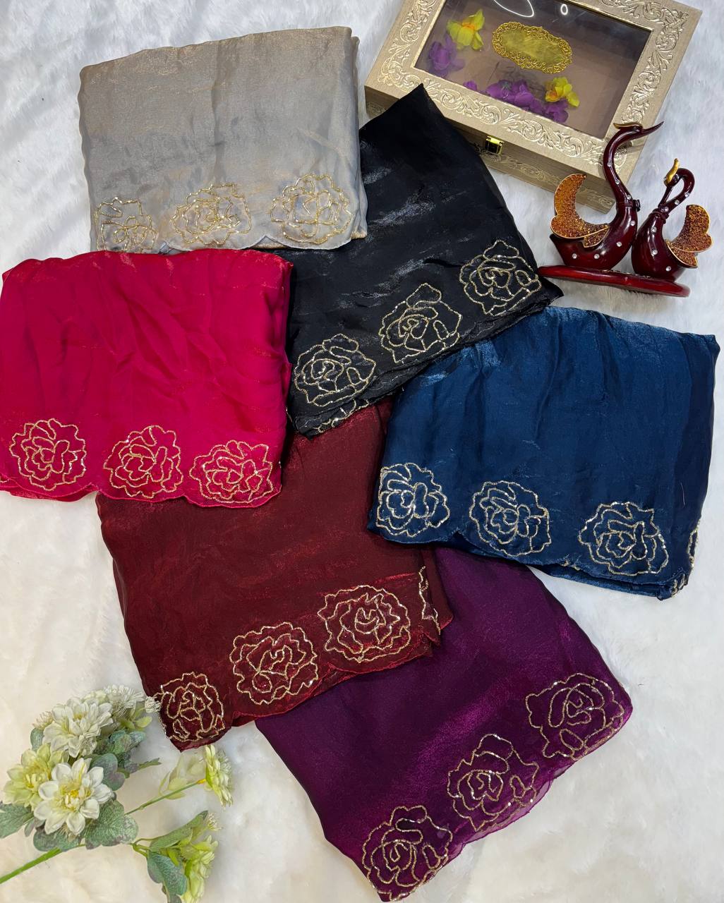 Women's Pure Soft Fendy Satin Saree with Full Floral Handwork Design & Running Blouse Piece β Available in Multiple Colors for Festive & Casual Wear