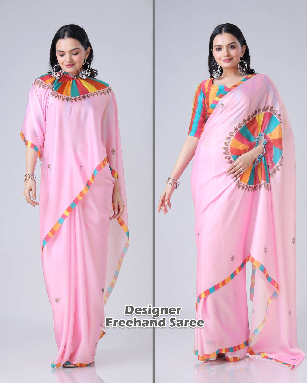 Women's Vibrant Lemon Yellow Satin Silk Kaftan Saree with Multi-Color Digital Print Yoke & Border Design - Image 14