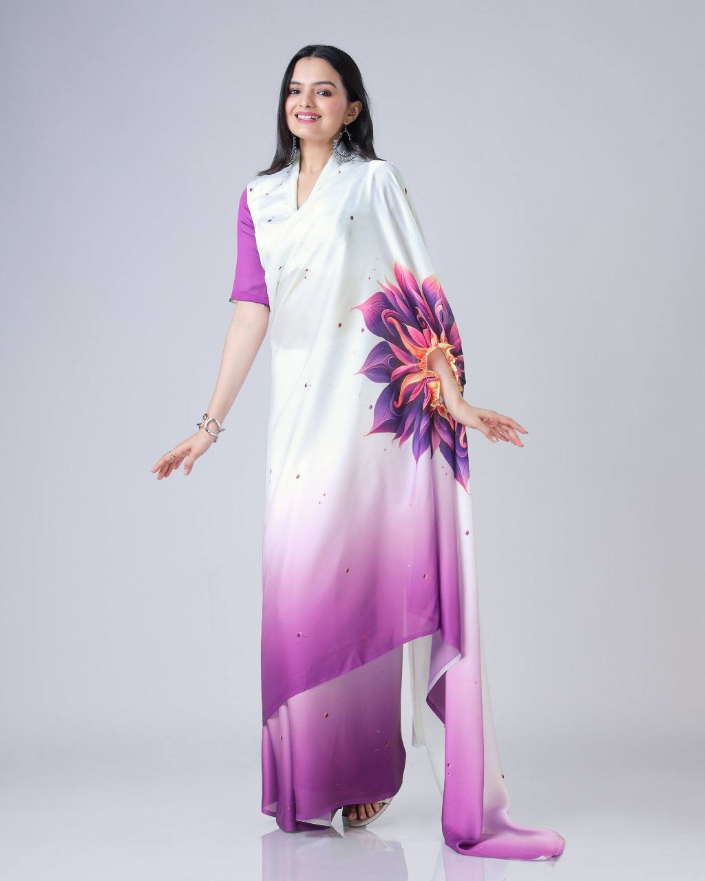 Women's Vibrant Lemon Yellow Satin Silk Kaftan Saree with Multi-Color Digital Print Yoke & Border Design - Image 3
