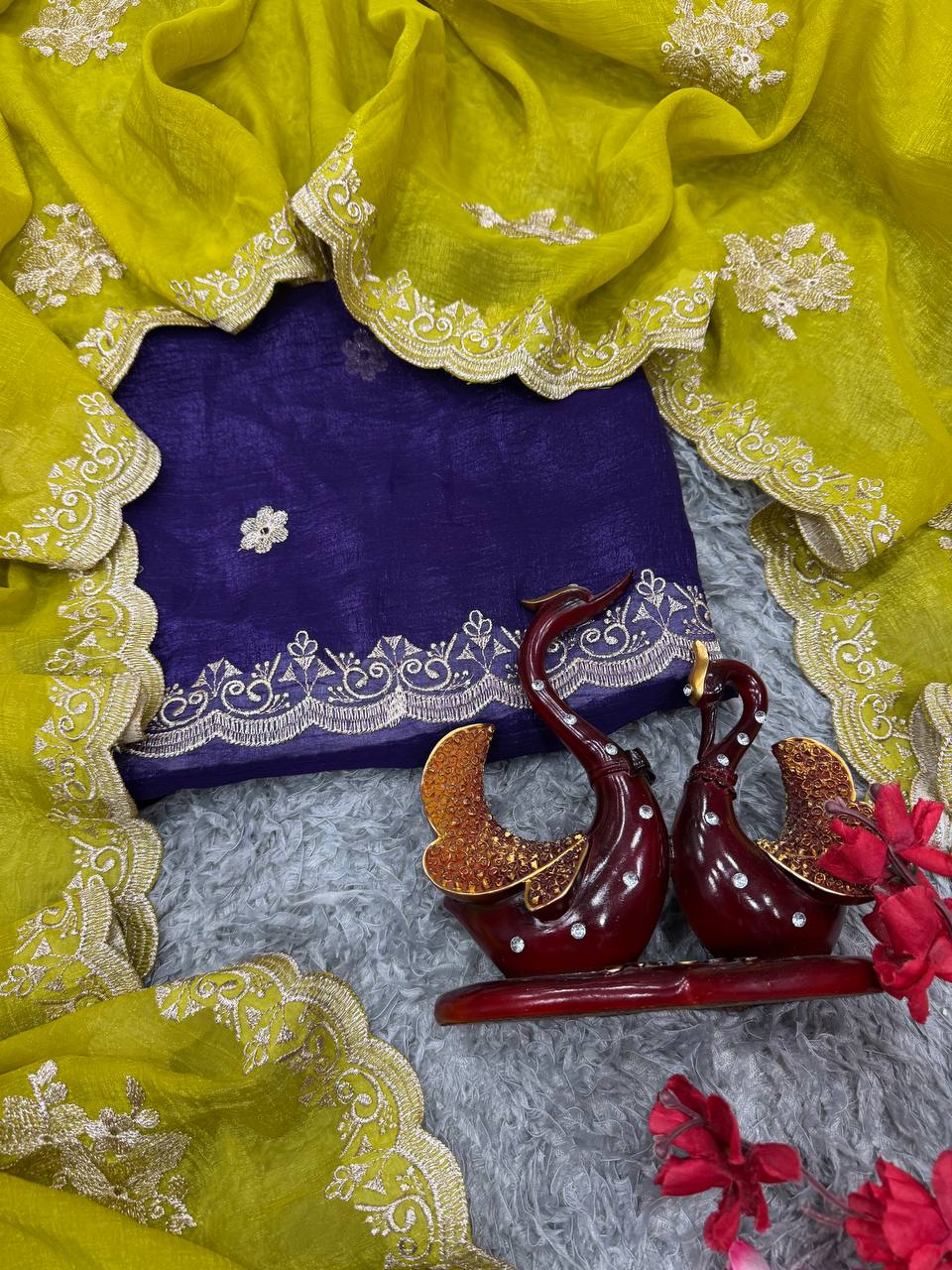 Women's Radiant Lime Yellow Organza Saree with Intricate Gold Zari Embroidery & Scalloped Border β Complete with Blouse Piece for Festive & Party Wear