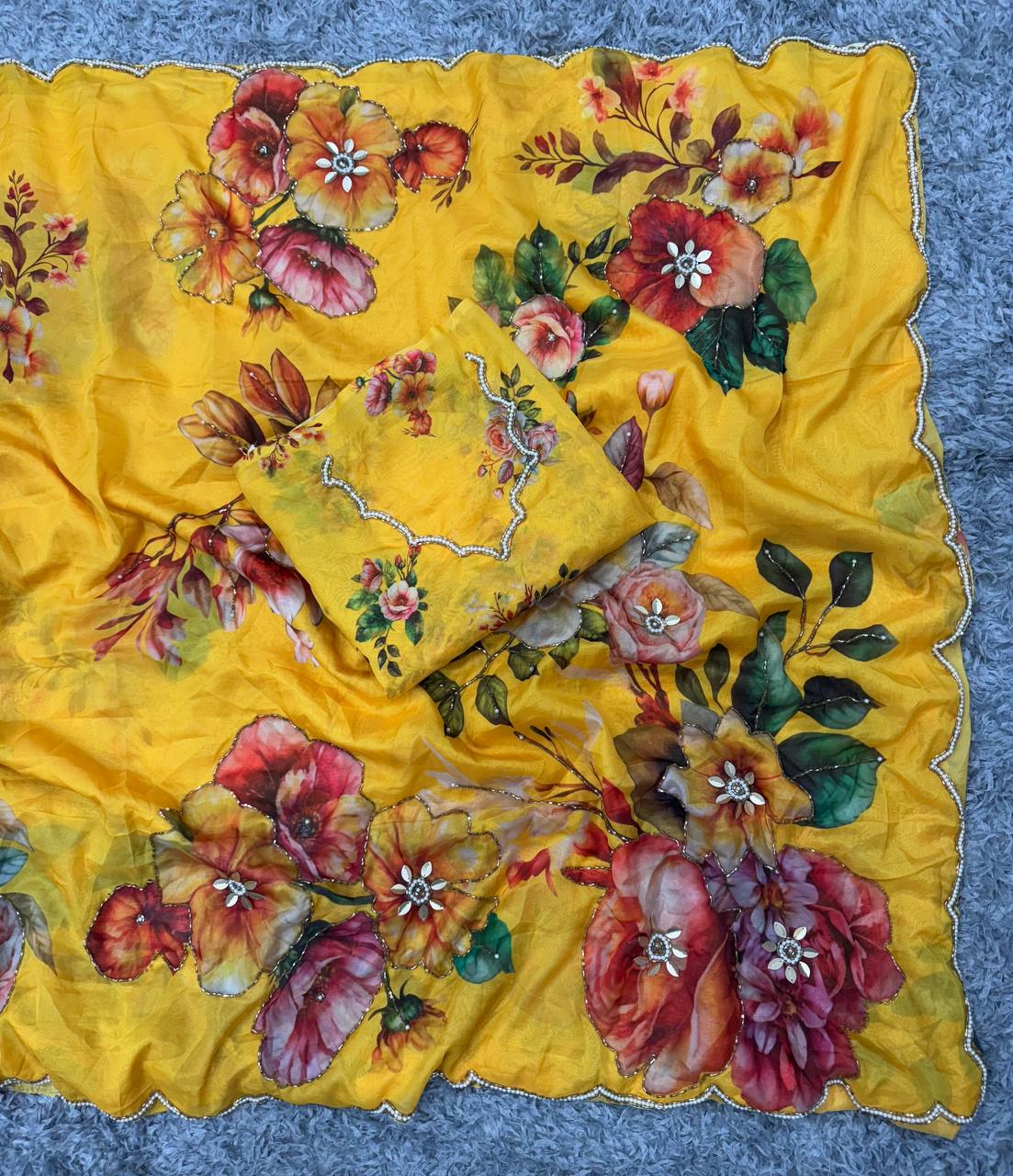 Women's Vibrant Yellow Floral Digital Print Saree with Zari and Stone Embellishments β Complete with Heavily Worked Blouse Piece for Festive & Wedding Wear - Image 2